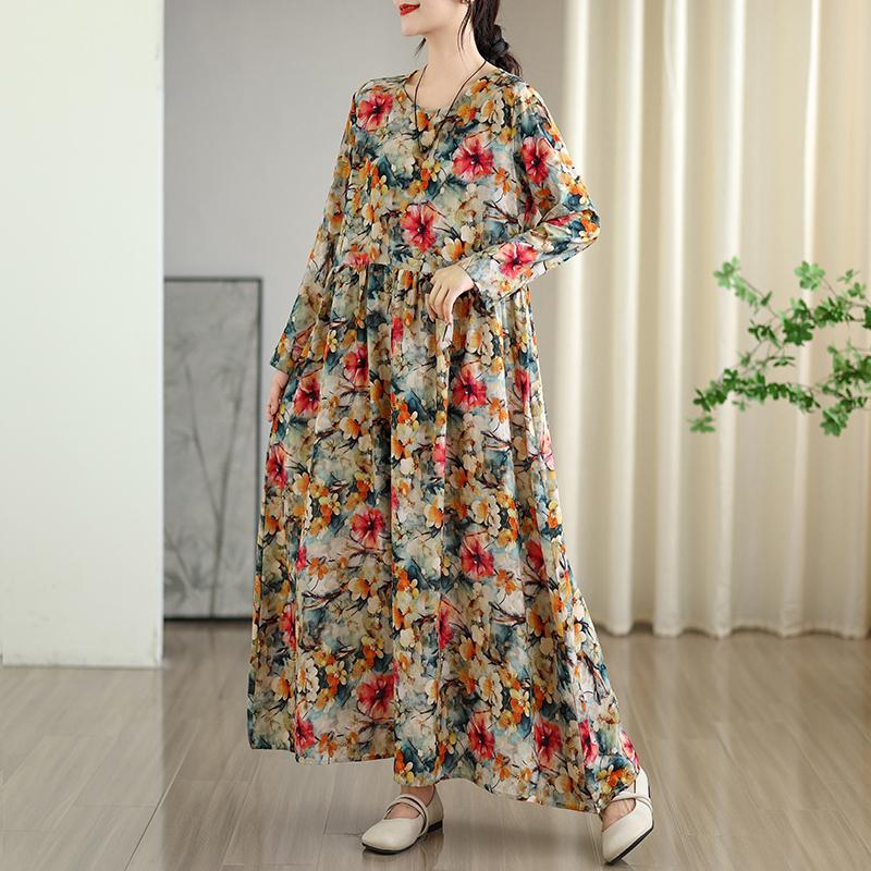 Dimanaf New 2025 Women Plus Size Spring Long Dress Loose Basic Vintage Oversize Long Sleeve Maxi Floral
