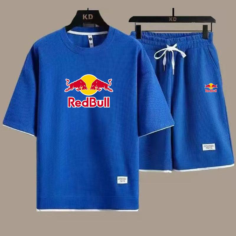 2026 Men's Summer New Style Waffle Short Sleeve Shorts Red Bull Printed Set