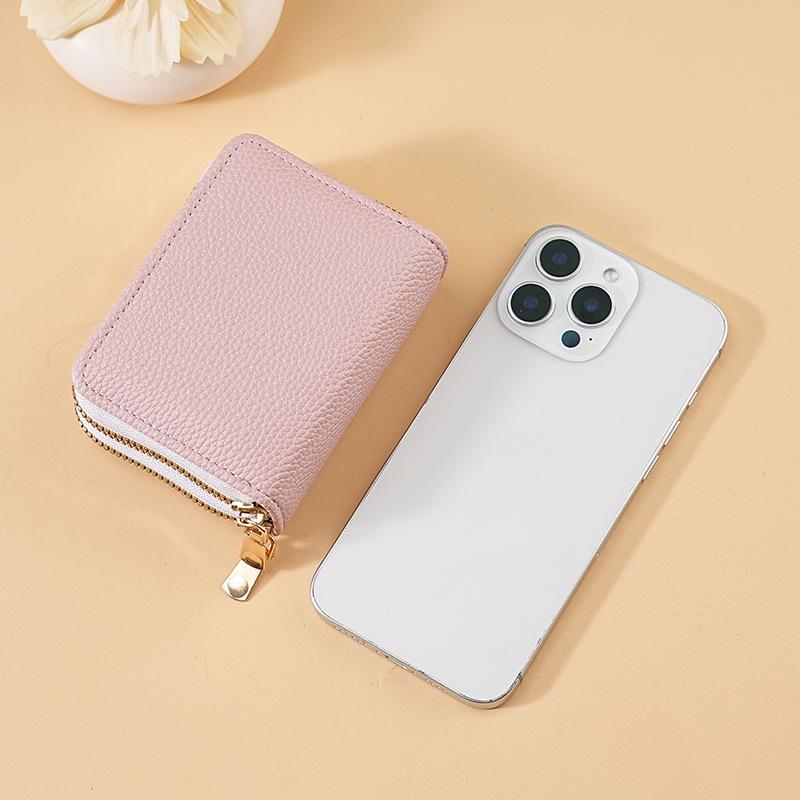 TEMU Women's Double Zipper Coin Purse - Large Capacity, Solid Color Lychee Pattern