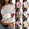 Women Crew Neck Pullover Printed Short Sleeve T Shirt Loose Fit Casual Top Patchwork Pattern Soft Comfortable Material