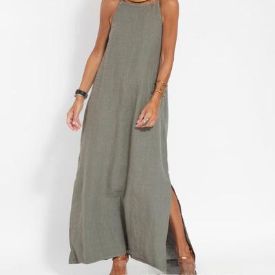 Fashionable and Casual Cotton and Linen Split Suspender Dress