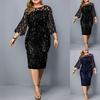 Damen O-Ausschnitt, 3/4-Ärmel, transparentes Patchwork, glänzende Pailletten, figurbetontes, knielanges Kleid