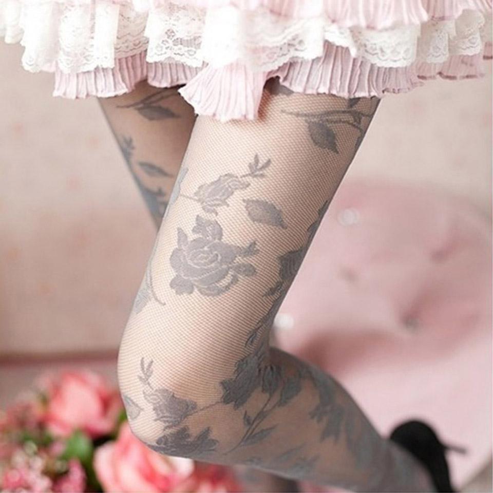 Women Sexy Rose Tattoo Tights Thin Sheer Hollow Out Pantyhose Floral Hosiery Collant Femme Medias Fantaisie