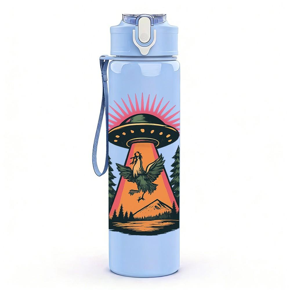 1PC UFO Mountain Retro Art 750ml Color Plastic Sports Water Bottle Leakproof Flip Straw Lid Suitable for Sports Office Home Use