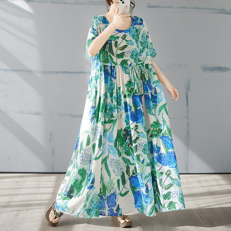 Plus Size Women Summer Long Dress Elegant Oversize Loose Bohemian Short Sleeve Dresses Flower Holiday Beach Dress