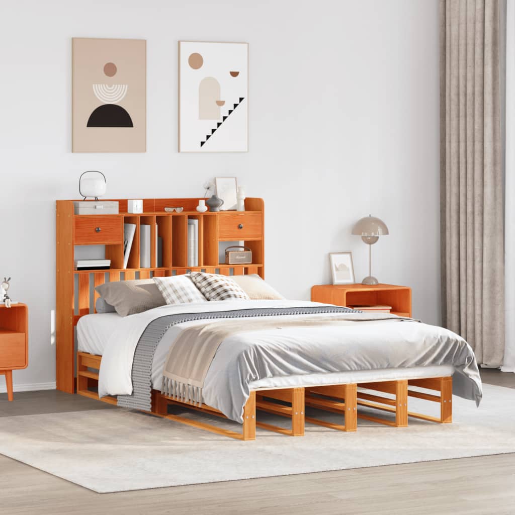 Solid Wood Bed with Shelf Without Mattress Wax Brown 135 X 190 Cm
