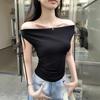 Pure Desire To Lace Up One-word Shoulder Short-sleeved T-shirt Women's New Summer Dress Slim and Thin Temperament Fashion Short Top