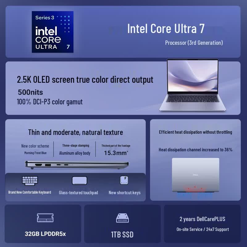 Dell 14S AI Laptop (Core Ultra 7, 14-inch 2.5K 120Hz) (CN version) синий
