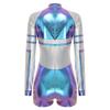 S-3XL Ladies Space Party Jumpsuit Alien Robot Design Metallic Shiny Contrast Color Long Sleeve Back Zipper Bodysuit for Halloween Cosplay