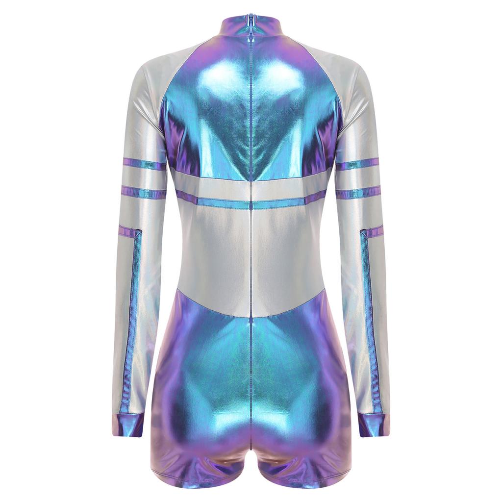 S-3XL Ladies Space Party Jumpsuit Alien Robot Design Metallic Shiny Contrast Color Long Sleeve Back Zipper Bodysuit for Halloween Cosplay