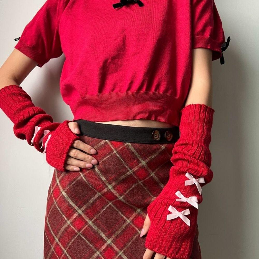 Bowknot Y2K Oversleeve Elastic Warm Sleeves Arm Cover Bow Fingerless Gloves  Girl Party