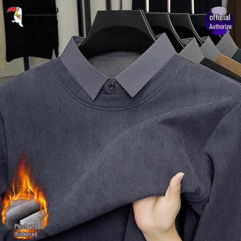 Woodpecker Men's Winter Two-Piece Sweater with Velvet Lining - Thick, Warm, Casual Shirt Collar for Middle-Aged Dads