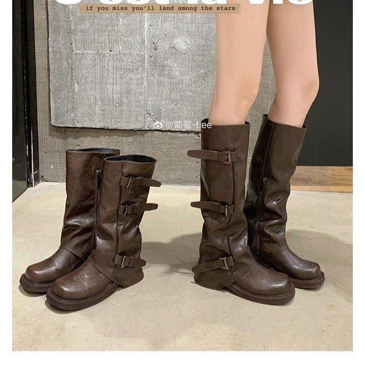 Height increase of 6cm~ 2025 Spring and Autumn new fashionable belt buckle square round head pleated medium tube knight boots women's autumn