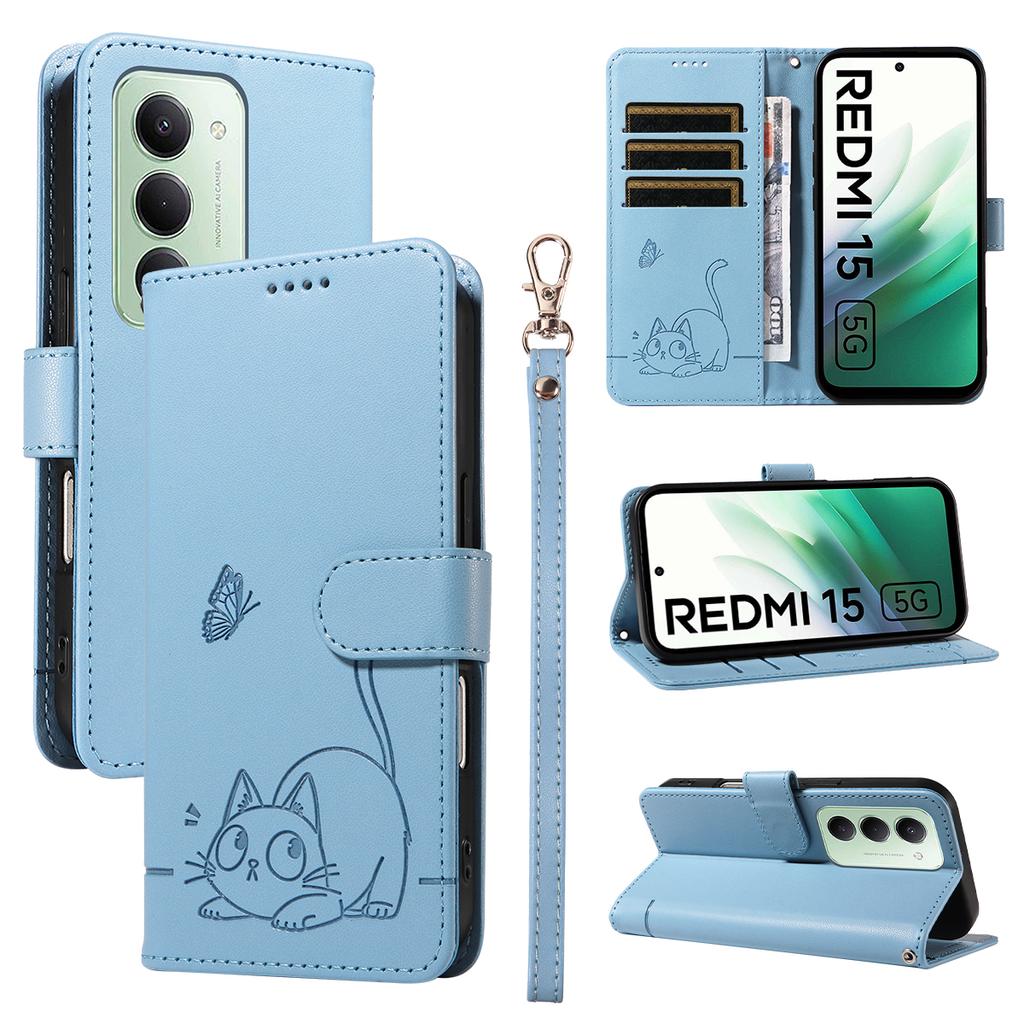 For Xiaomi Redmi 15 4G (EU) (171mm) Case Cat Pattern Imprint Leather Phone Cover with Wrist Strap