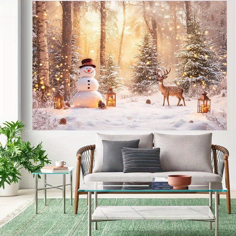 1 PC 2D Background Cloth "Christmas Wonderland Forest Curtain: Snowman  Reindeer Accompany  Lanterns Shine In Winter