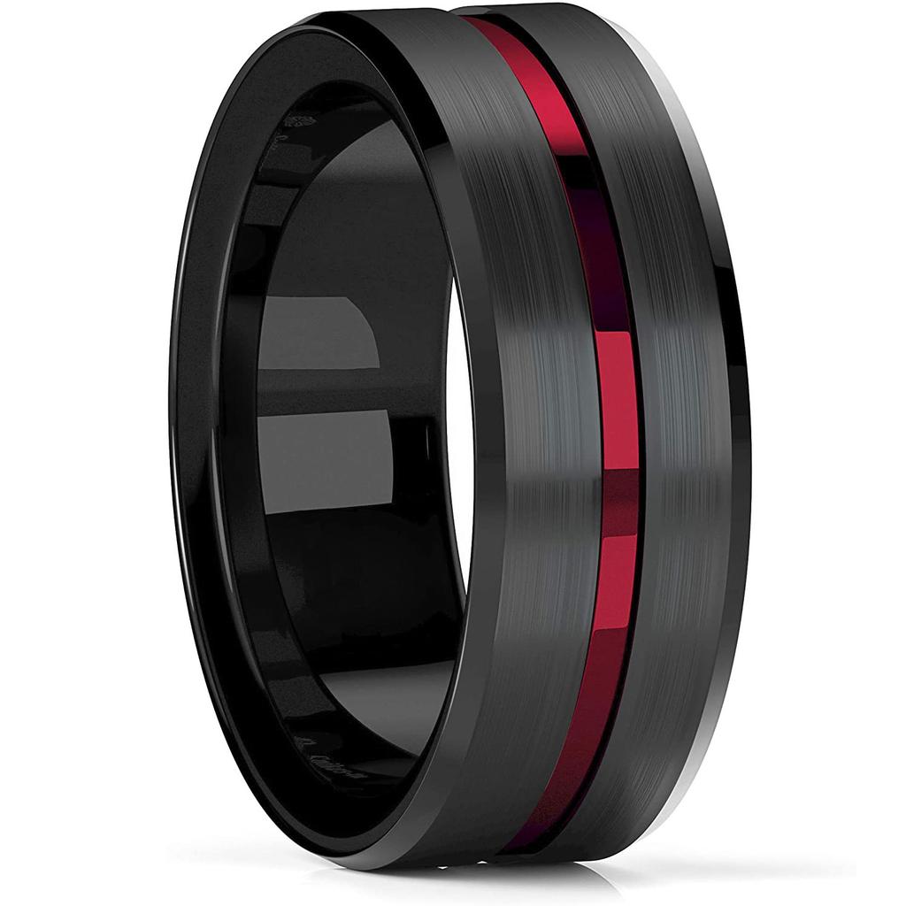 Fashion 8mm Red Groove Beveled Edge Black Tungsten Wedding Ring For Men Black Brushed Steel Engagement Ring Men's Wedding Band