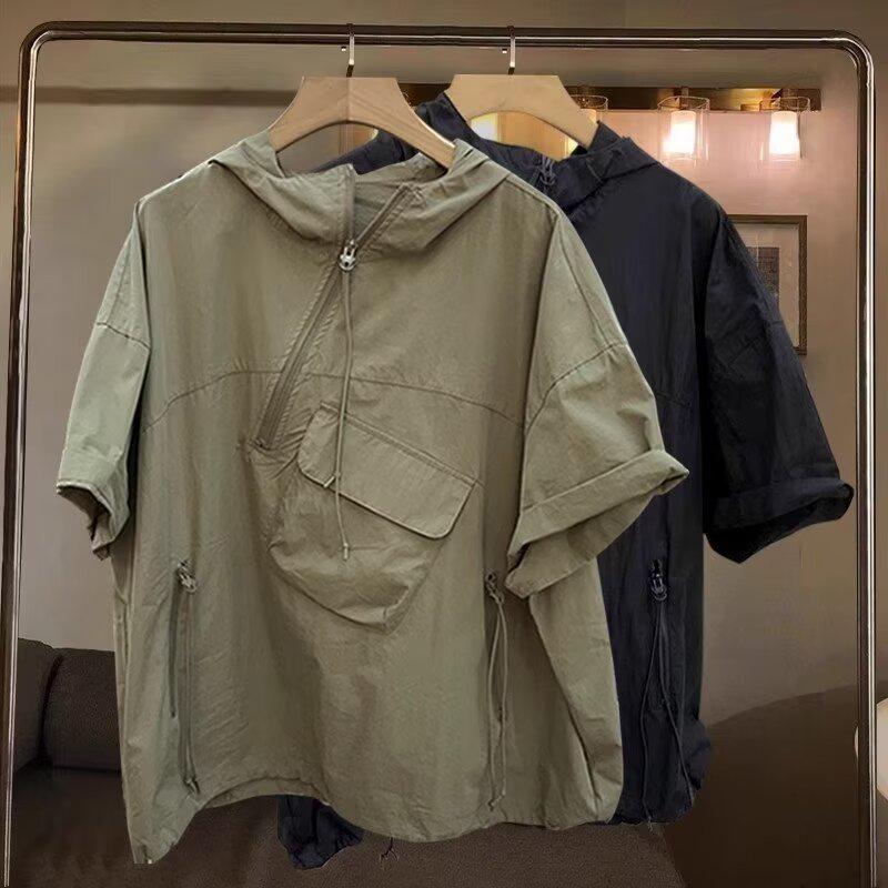 Men's Korean Style Hooded Short-Sleeve T-Shirt with Zipper Design and Large Pocket