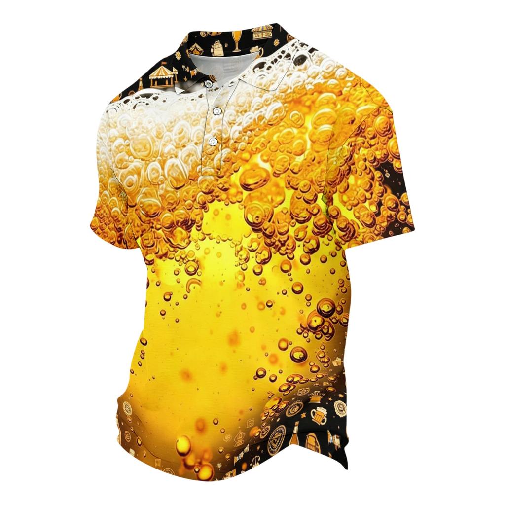 Unisex ležérní polo tričko volného střihu s krátkým rukávem a vzorem inspirovaným pivním festivalem. Lehké prodyšné látky pro každodenní nošení.