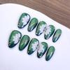 Almond Emerald Cat Eye 3D Carved Detachable Nails with Magic Mirror Powder