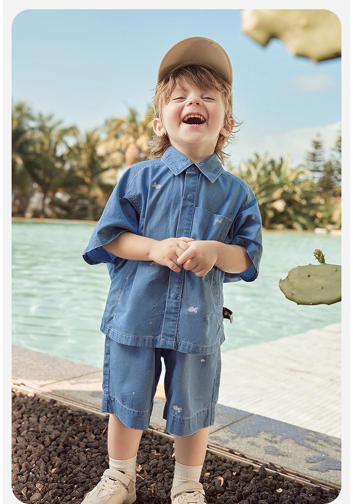 [Cowboy] Mini Balabala Boys' Set Lightweight Cotton Hemp Short Sleeve Shirt Pants Summer New 2026