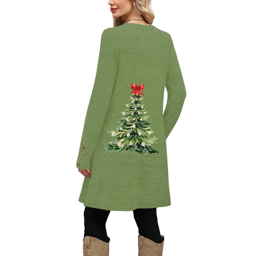 Women's Fashion Casual Dress With Pockets, Decorative Buttons, Christmas Prints, Round Neck And Long Sleeves