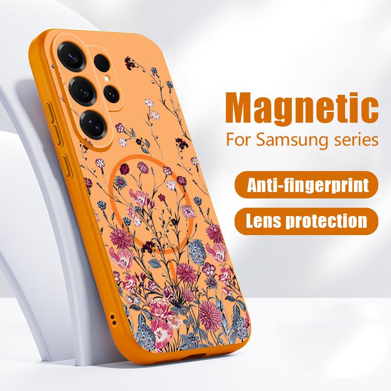 Retro Hot Pink Flower Pattern Case For Samsung Galaxy S26 Ultra S25 Edge S24 Plus S23 FE S22 A54 A55 A56 5G Magnetic For Magsafe Matte Cover