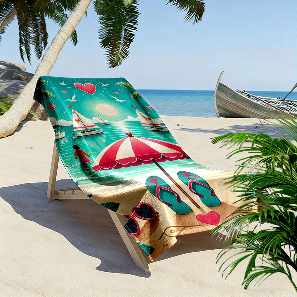 Romantic Beach Scene with Hearts Design Beach towel quick-drying for travel outdoor sports jogging beach and swimming