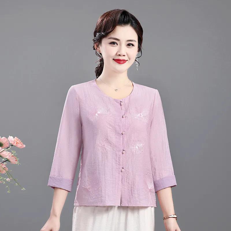 Women's 3/4 Sleeve Embroidered Sequin Button Down Shirt For Middle Aged