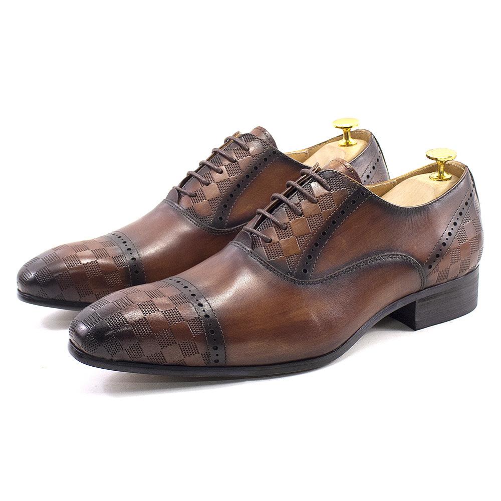 Fashion Classic Genuine Leather Mens Oxfords Business Office Brogue Dress Shoes Cap Toe Lace Up Italian Wedding Formal Footwear for Men