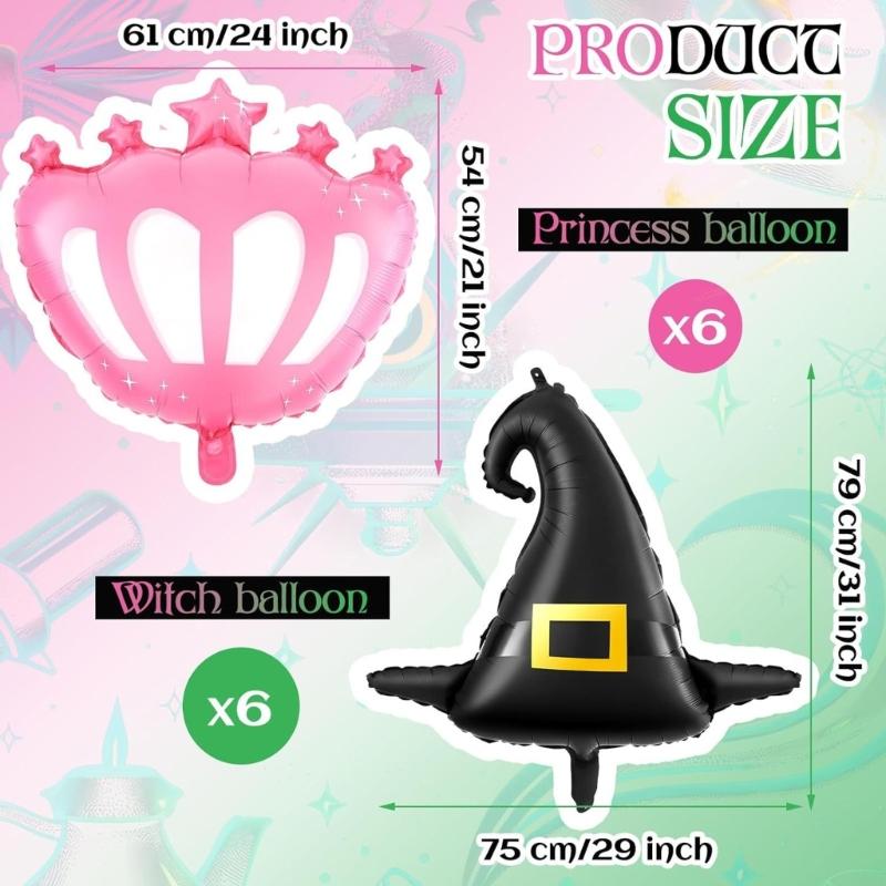 Pack of 12 Wicked Themed Party Balloons Feature Black Witch Hat and Pink Princess Crowns for Stylish Celebration