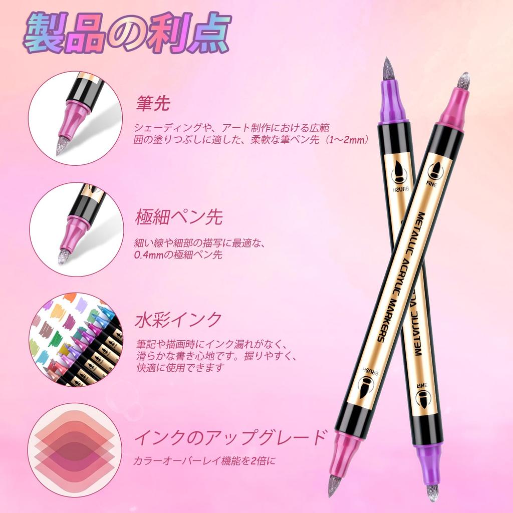 DUULEMANG Acrylic 30 Metallic Dot and Fine Metallic Markers for Ink Notebooks Markers, Colors, Colors, Tip, Waterproof, Quick-Drying, Double-Ended,