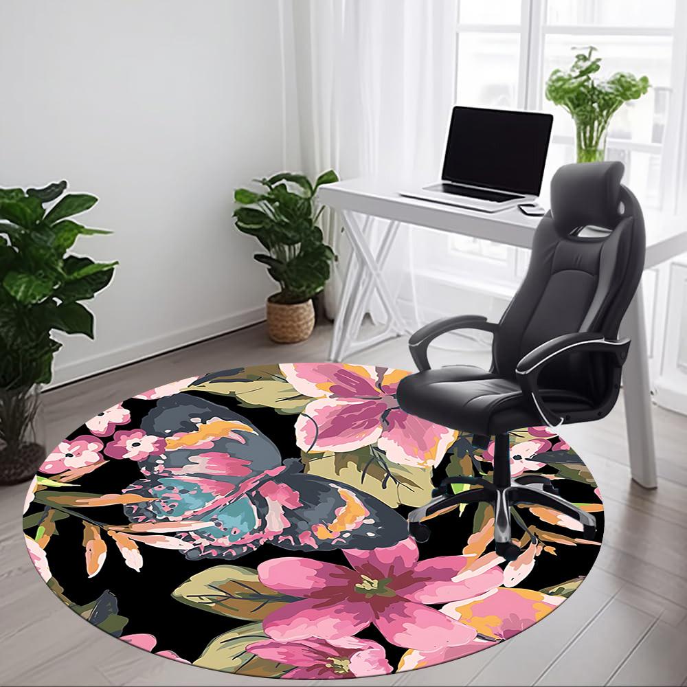 1pc Butterfly Floral Pattern Carpet, Round Non Slip Durable Large Size Office Carpet, Suitable for Office