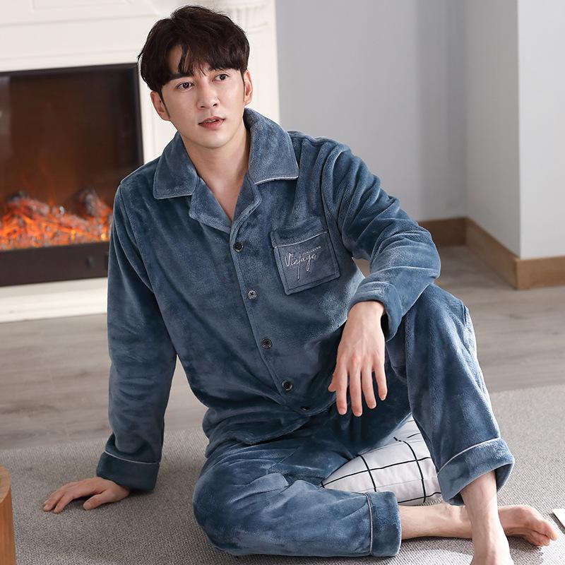 

Пижама мужская зимняя коралловый флис утолщенная фланель теплая домашняя одежда мужская осенне-зимняя большого размера комплект 3XL