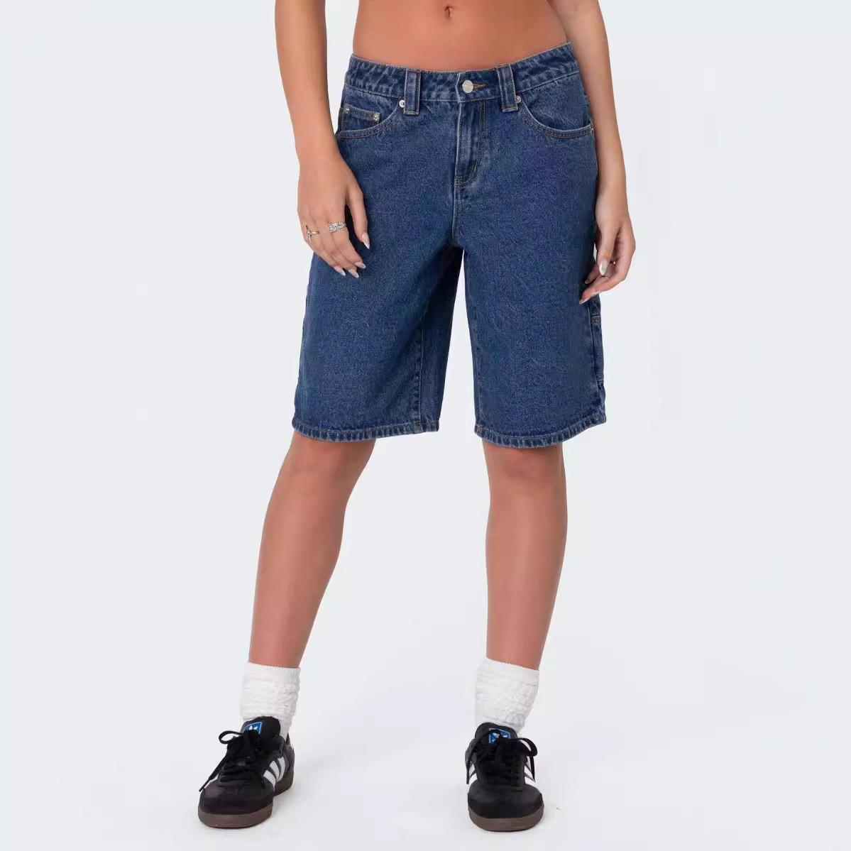 Women s Dark Blue Denim Printed Five-Point Shorts - Slimming, Loose Fit, Summer Style S темно-синий