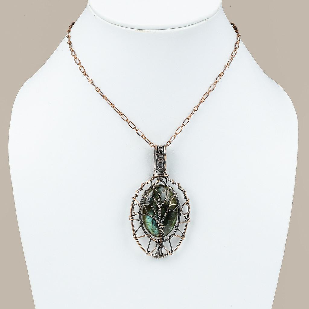 Labradorite Gemstone Copper Wire Wrap Tree Of Life Pendant 3.15"