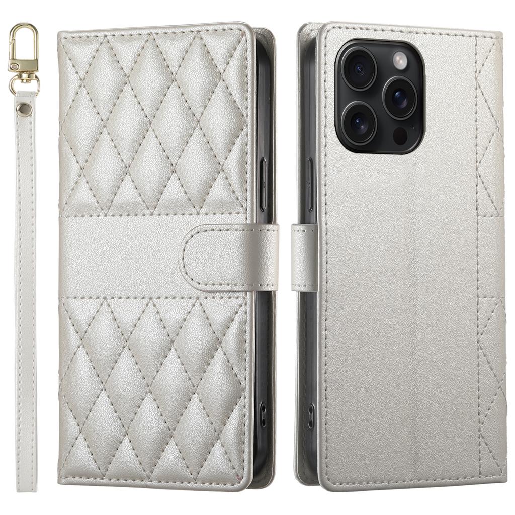 For iPhone 15 Pro Max Case Rhombus Stitching Wallet Stand Leather Phone Cover with Long/Short Strap