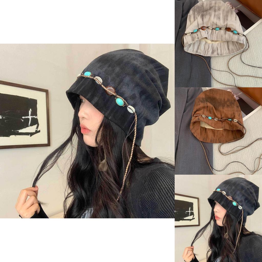 Boho-Hut mit Perlenquasten und Kettenverzierung für Damen, Herbst- und Wintermode