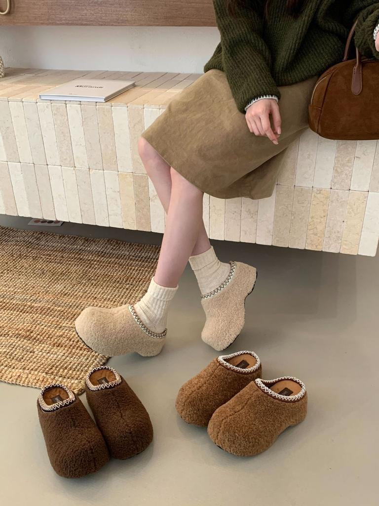 Small Man Inner Height Increase 7CM~ Birkenstock Shoes Women Wear Lamb Wool 2025 Autumn and Winter Cotton Shoes Retro Forest Bag Head Cotton Mop