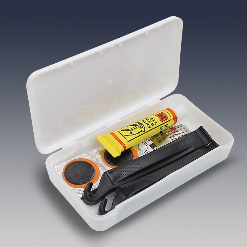 Bicycle Repair Tool Kit with Tire Patches, Pry Bar, Glue, and File In Plastic Box