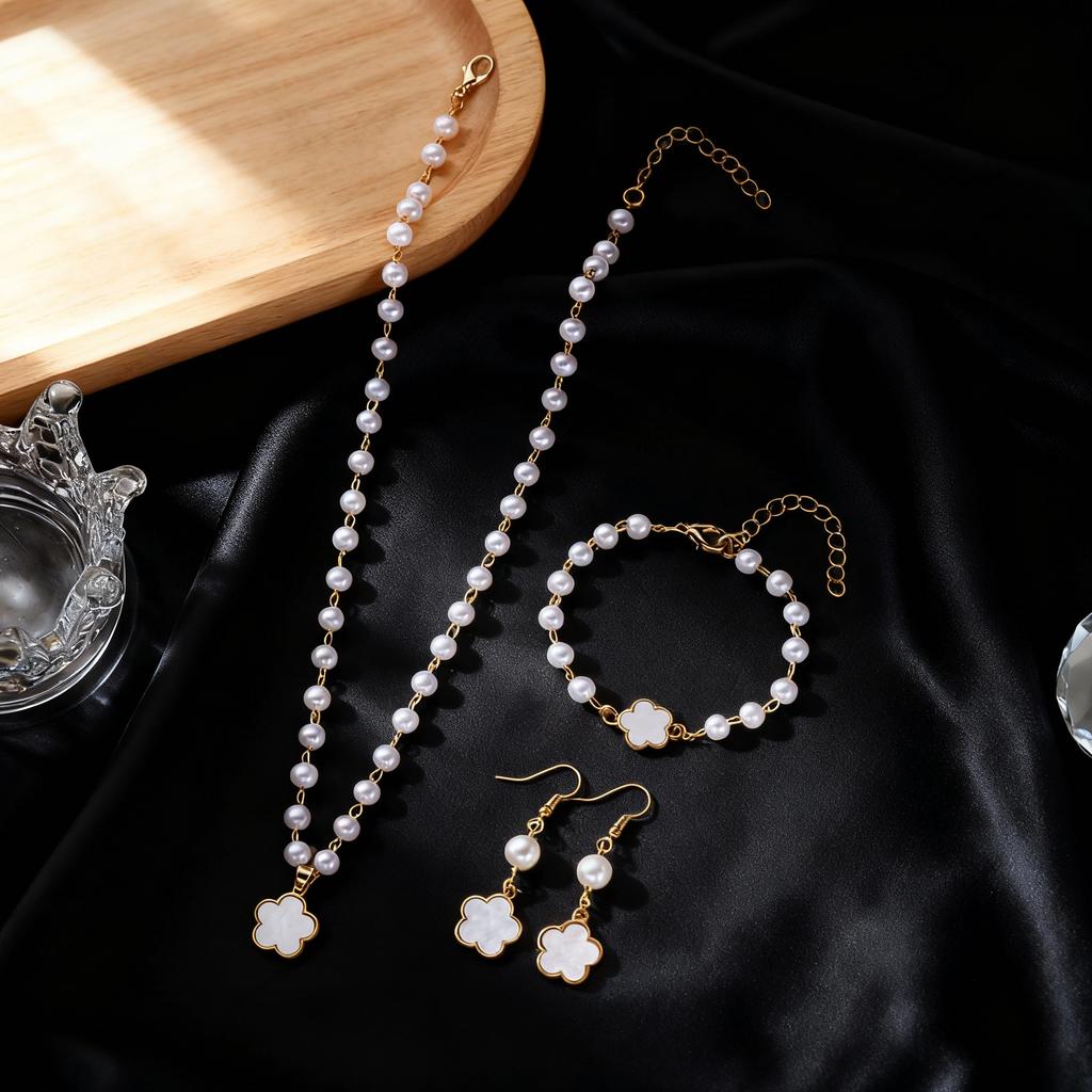 3 Pcs/Set Popular Flower Jewelry Set for Women Elegant Imitation Pearl Beads Chain Necklace&Bracelet Drop Earrings Jewelry Gift