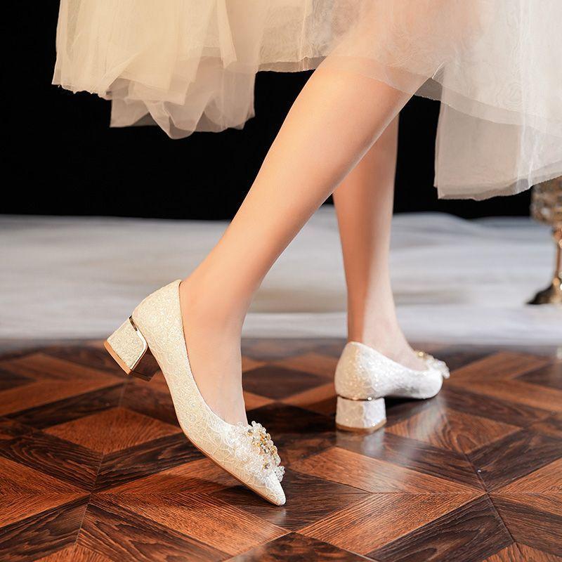 French Bridal Shoes Pearl Daily Wearable Shoes Fashion Single Shoes Thick Heel Dress Medium Heel Shoes French Wedding Shoes Women 2025
