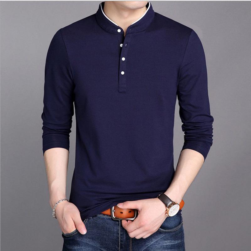 Youth Men's Trendy Long-Sleeve Stand-Up Collar Polo Cotton Shirt