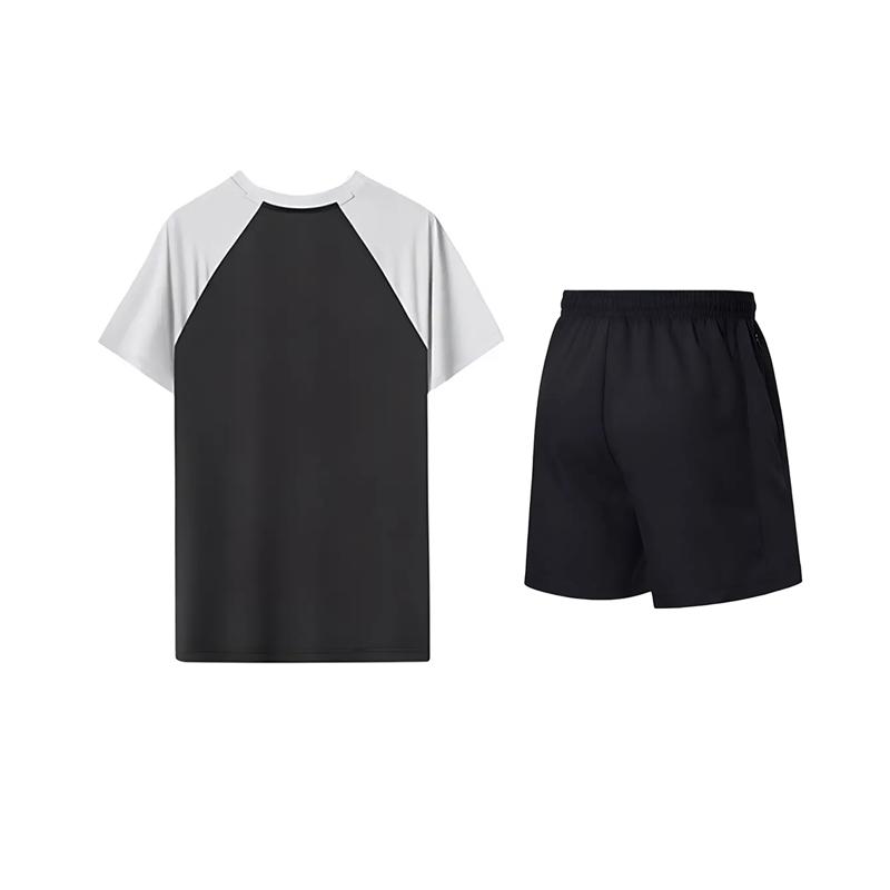 Li-Ning Color Block Round Neck Pullover Short Sleeve T-Shirt Vintage Fashion Comfortable Versatile Shorts Casual Sports Set ATSU783-1+AKSV843-1