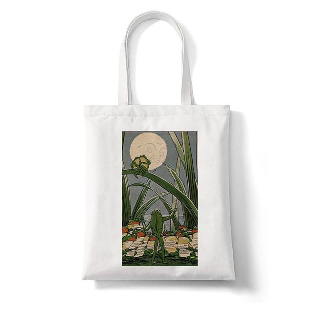 Cartoon Frog Print Women Shopping Bag Funny Animal Pattern Large Capacity Tote Aesthetics Shoulder Bag Eco Canvas Bag Handbag