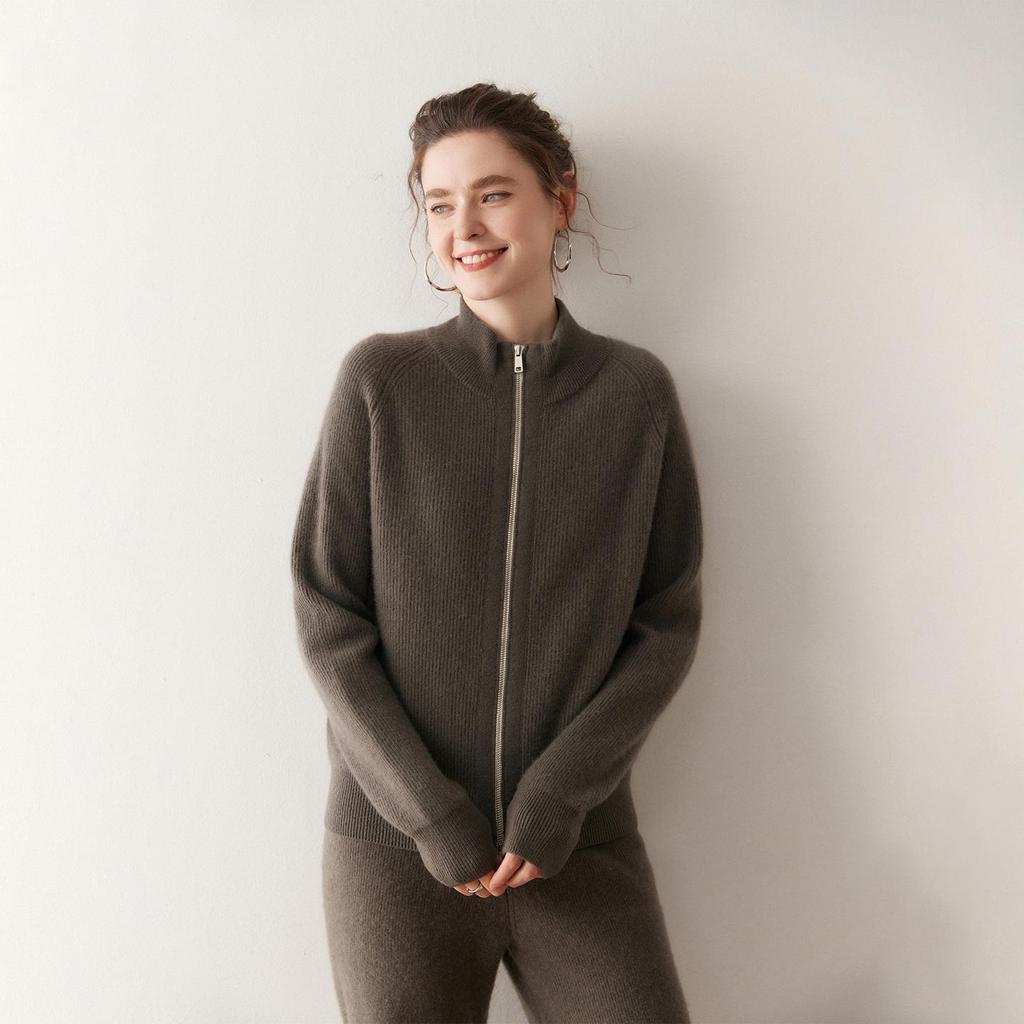 Women's Cashmere Zipper Cardigan - Slim Fit, Loose Raglan Sleeve, Stand Collar, Knit Wool Sweater for Autumn & Winter