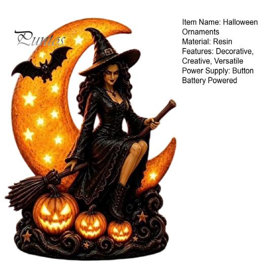 Halloween-Dekoration für den Innenbereich Hexe auf Mondsichel Dekorative Leuchte, Gotische Dekoration Lampe, Harzfigur für Tischdeko Zuhause Gruselig Saisonale