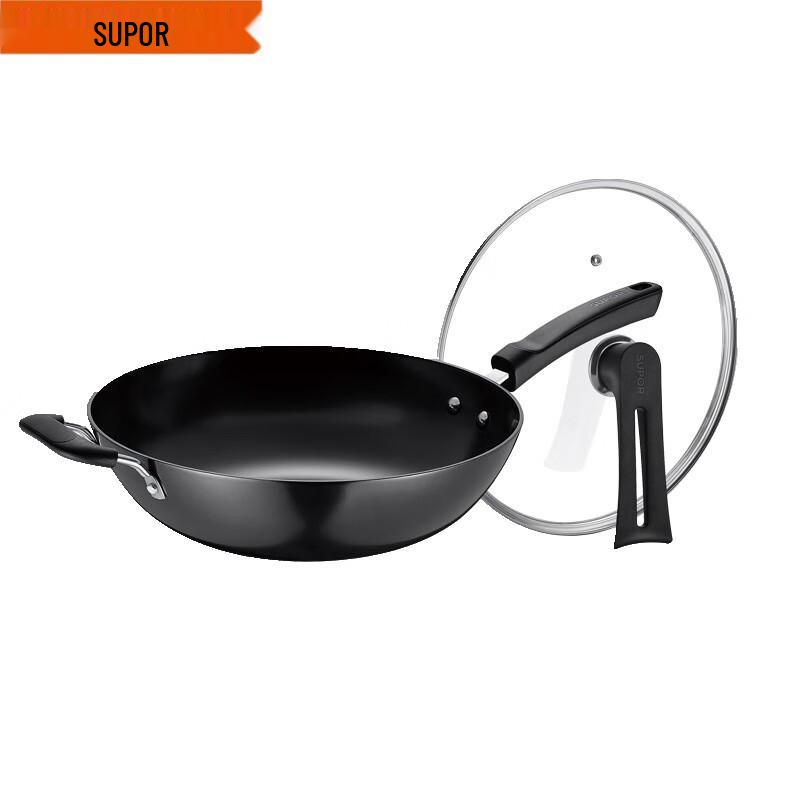 SUPOR Uncoated Cast Iron Wok with Standable Lid