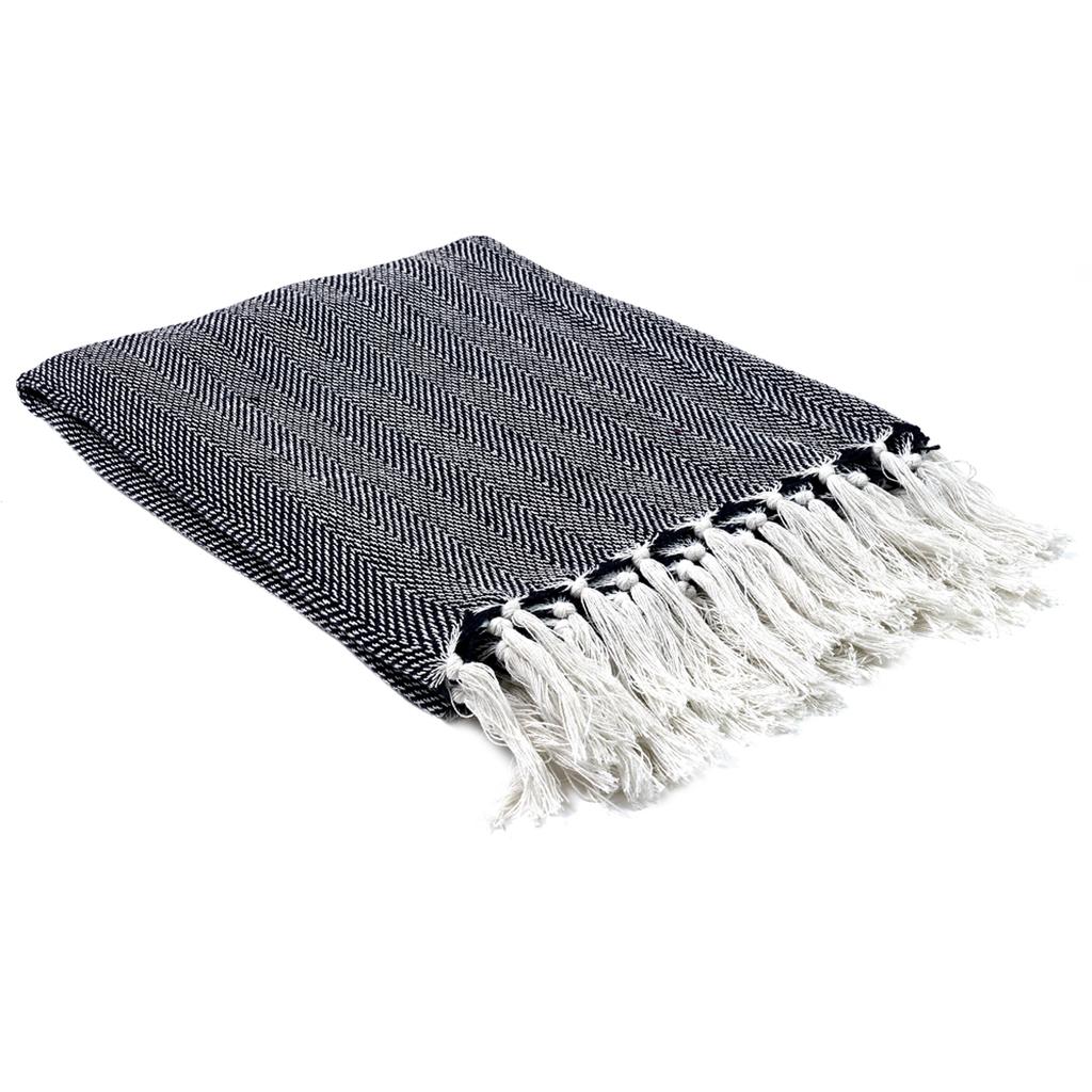 Les Trésors De Lily [A3528] – Marineblauer „Boho“-Jacquard-Überwurf aus Baumwolle – 120 x 150 cm