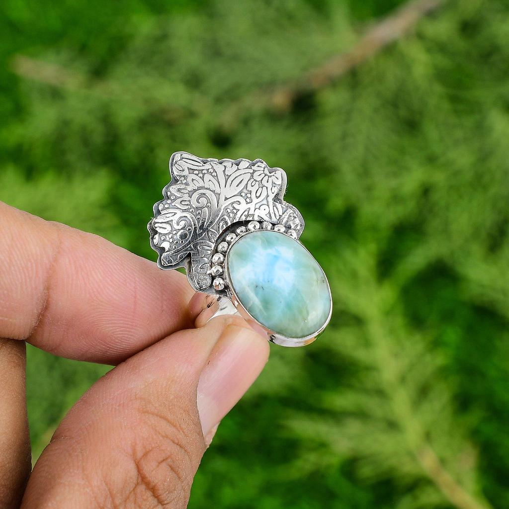 Mothers day Sale Natural Larimar Wife Solitaire Ethnic Ring Jewelry 925 Silver