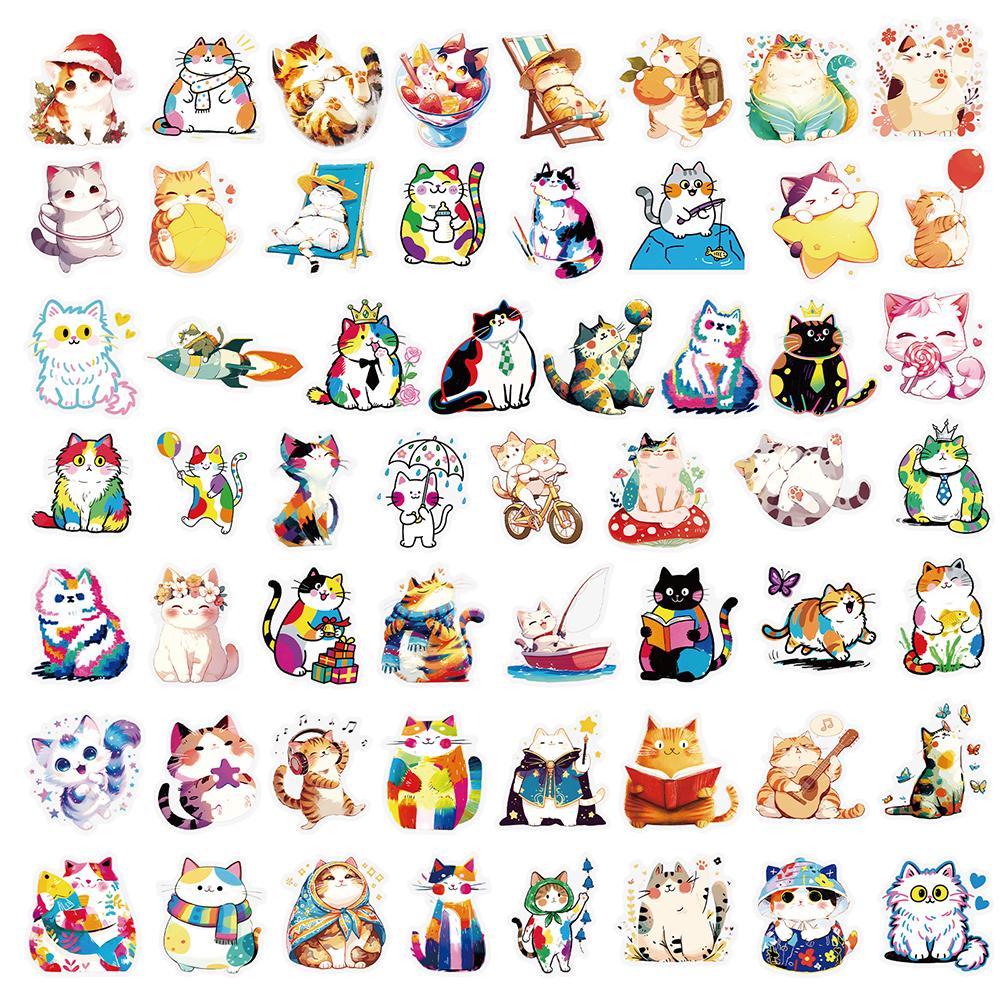 10/30/50pcs Kawaii Colorful Cat Transparent PET Stickers Cute Cartoon Sticker Decoration Suitcase Notebook Phone Decals Packing
